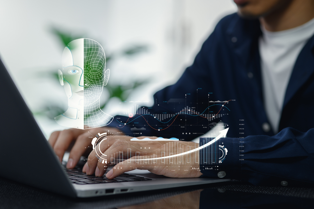 A person using a laptop with AI-powered content creation tools, surrounded by glowing digital icons representing SEO, analytics, and automation.